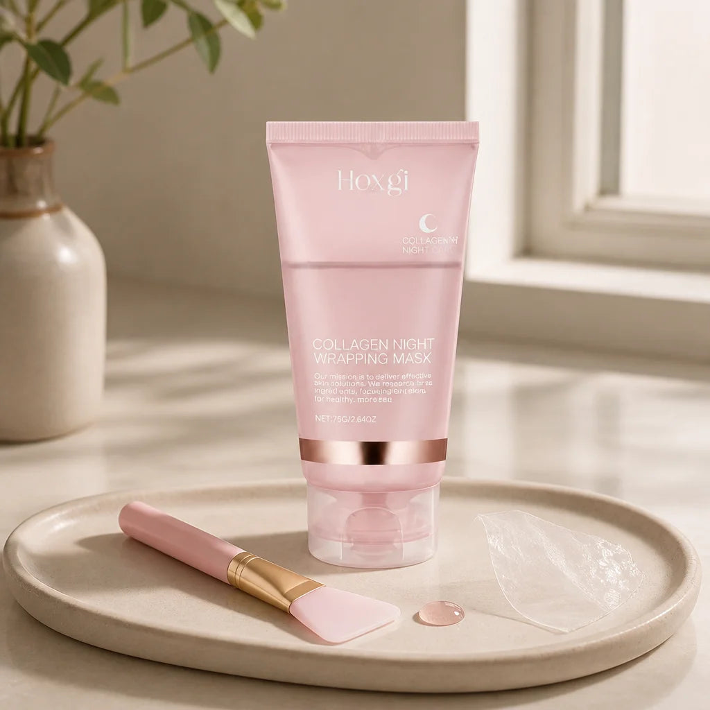 Square editorial still-life representing the three-step nightly ritual. On a cream ceramic tray, the