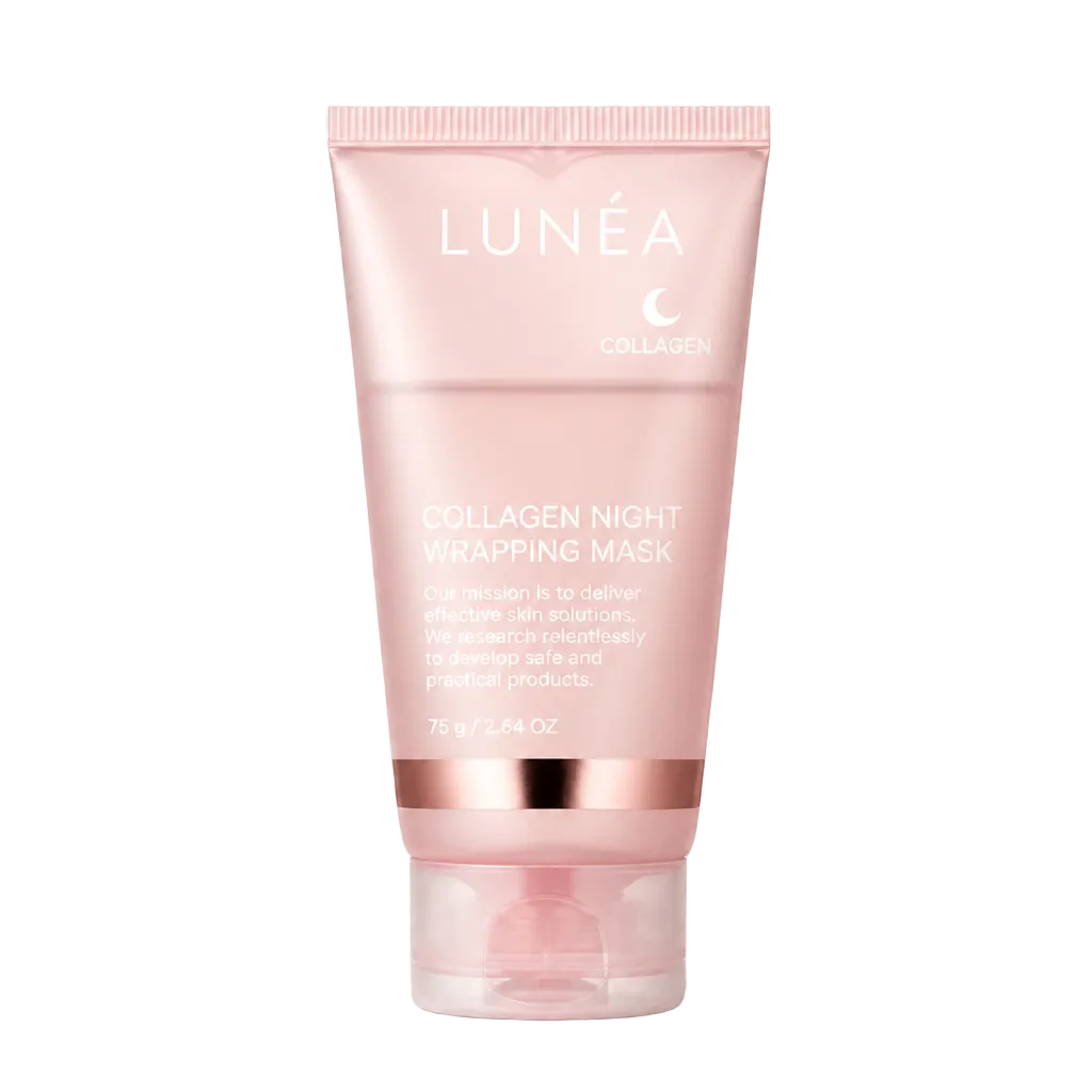 Product-only packshot, centered, on a transparent background. The LUNÉA Collagen Night Wrapping Mask