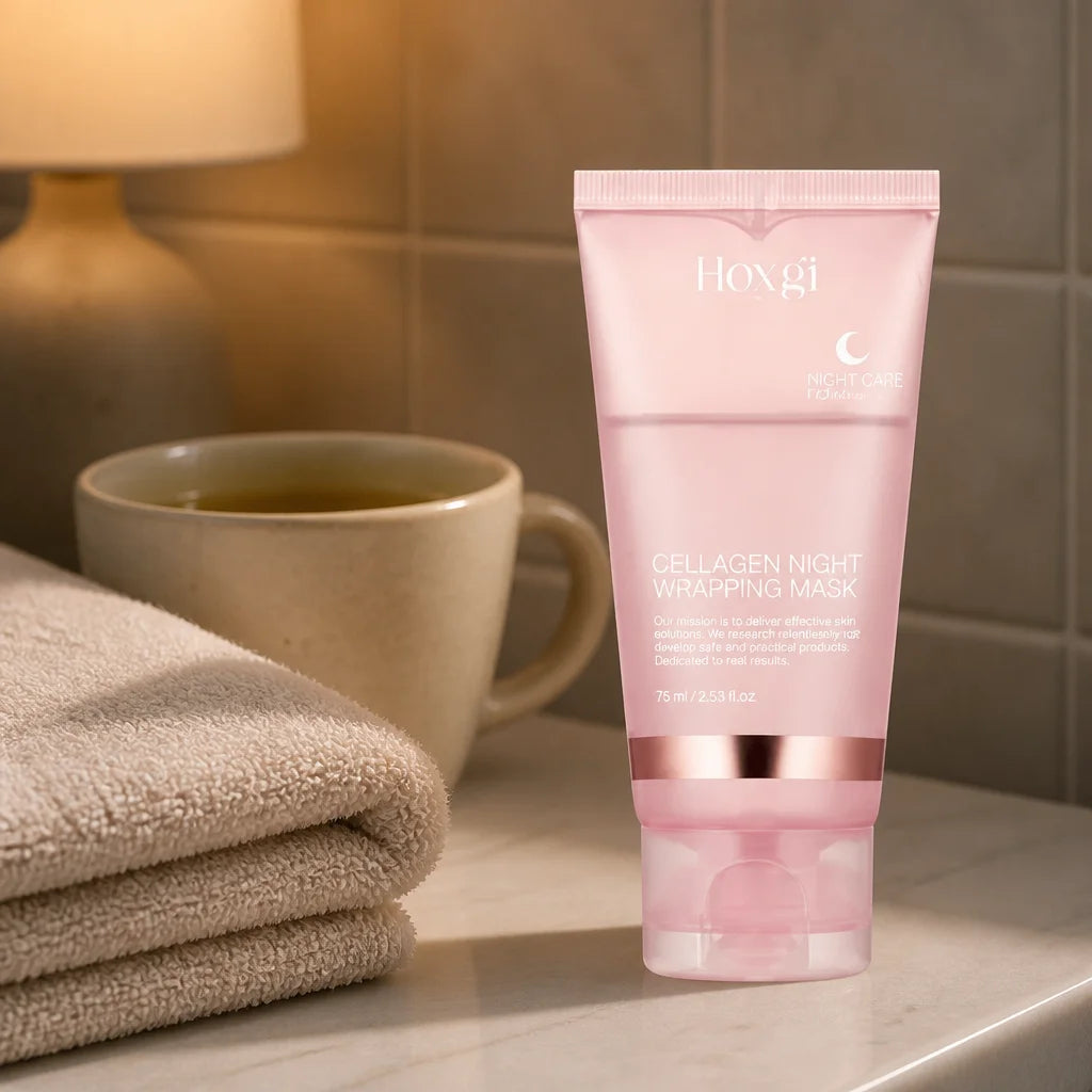 Full-frame square campaign product portrait with no text zone. The LUNÉA Collagen Night Wrapping Mas